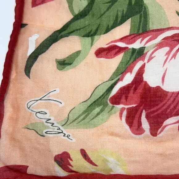 KENZO Peach, Red, Green and Yellow Tulip Pattern Cotton Handkerchief Scarf - Picture 4 of 6